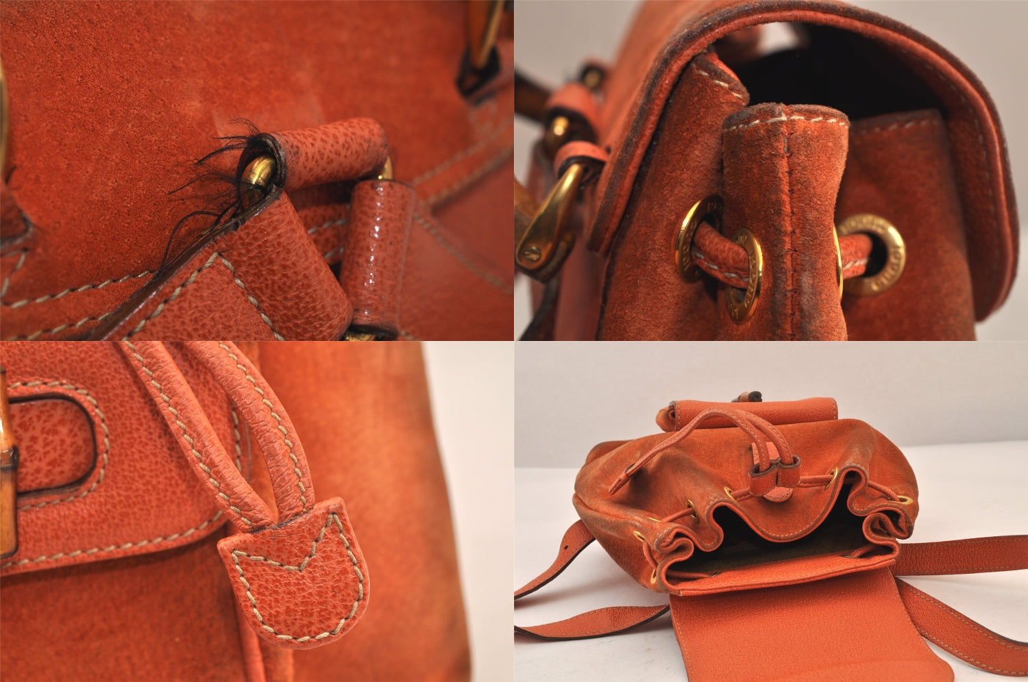Authentic GUCCI Bamboo Drawstring Backpack Purse Suede Leather Orange 8419M
