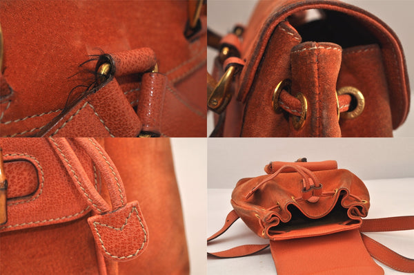 Authentic GUCCI Bamboo Drawstring Backpack Purse Suede Leather Orange 8419M