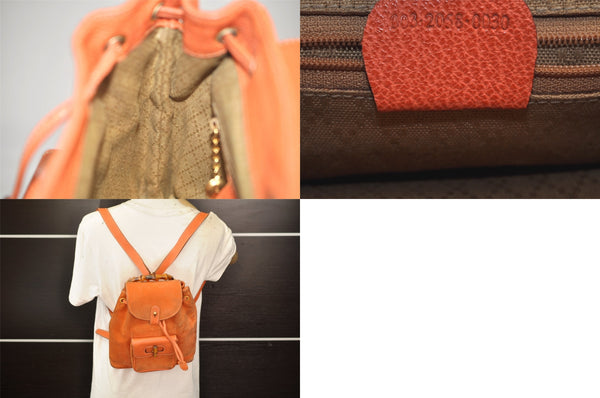 Authentic GUCCI Bamboo Drawstring Backpack Purse Suede Leather Orange 8419M