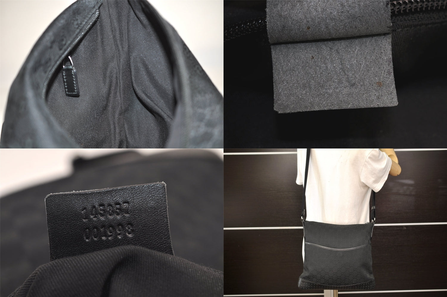 Authentic GUCCI Shoulder Cross Body Bag GG Canvas Leather 145857 Black 8423M