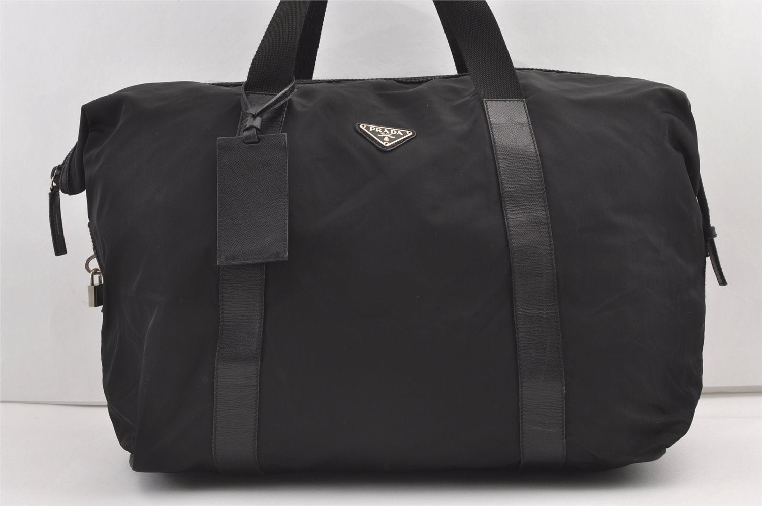 Authentic PRADA Nylon Tessuto Saffiano Leather Travel Boston Bag Black 8433J