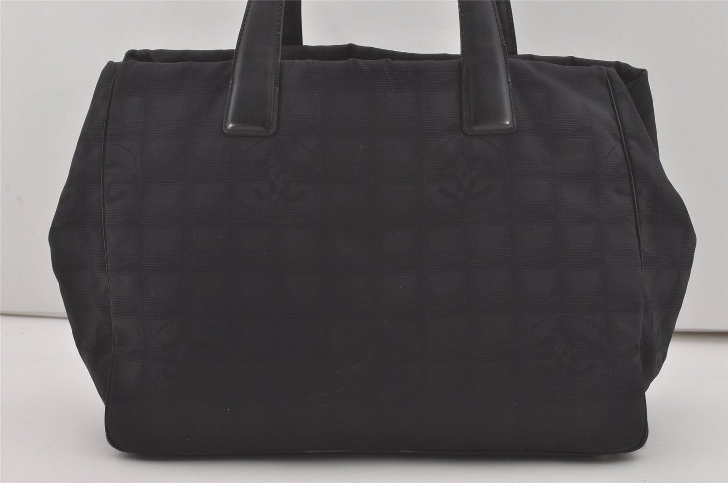 Authentic CHANEL New Travel Line Shoulder Tote Bag Nylon Leather Black 8438I