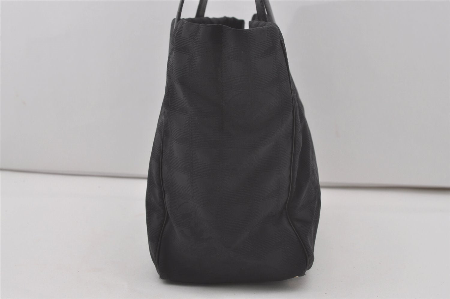 Authentic CHANEL New Travel Line Shoulder Tote Bag Nylon Leather Black 8438I