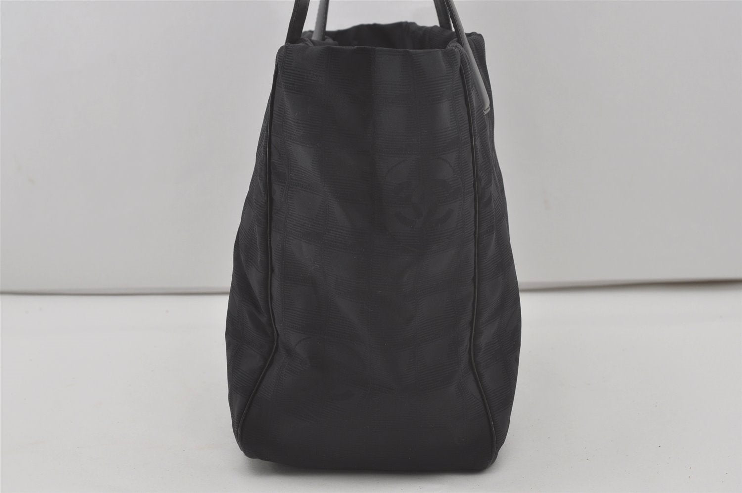 Authentic CHANEL New Travel Line Shoulder Tote Bag Nylon Leather Black 8438I