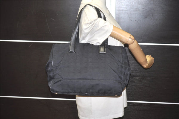Authentic CHANEL New Travel Line Shoulder Tote Bag Nylon Leather Black 8438I