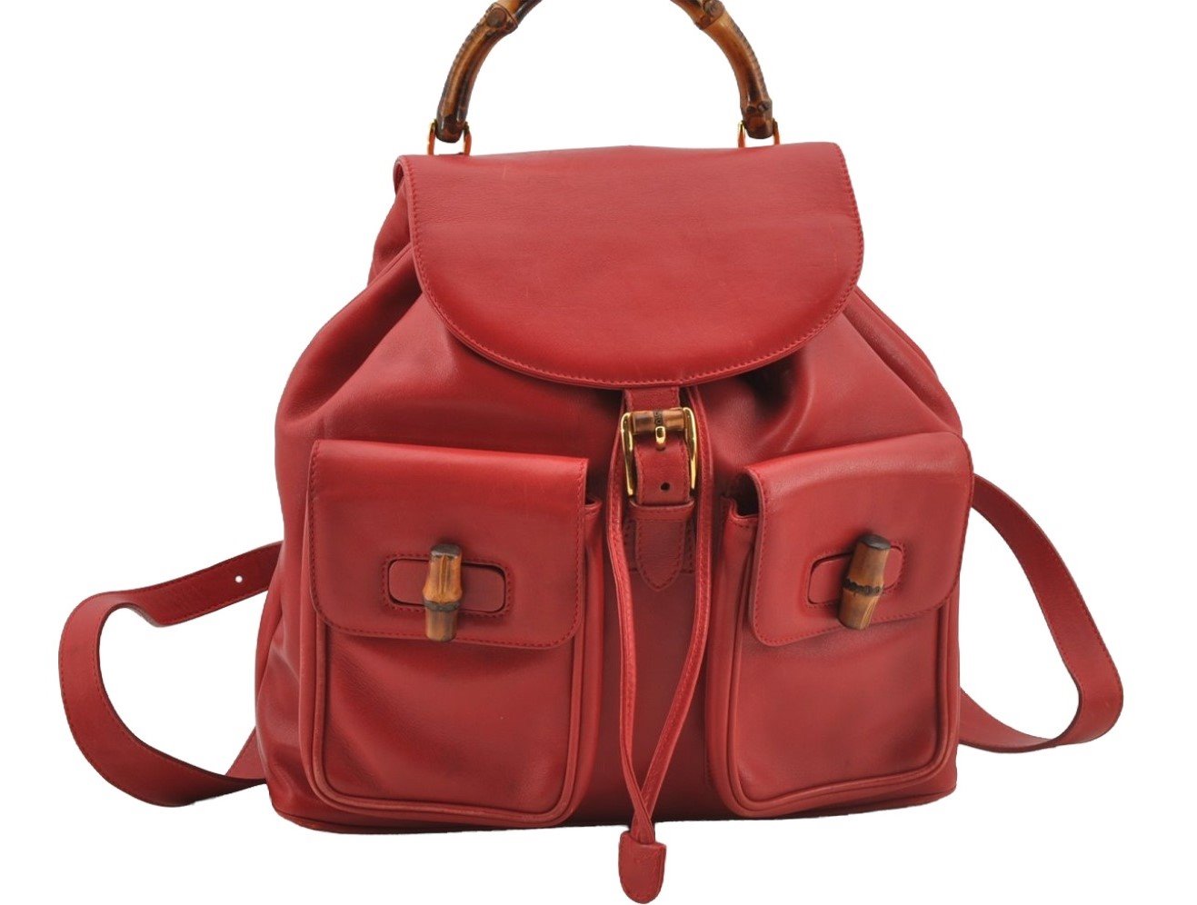 Authentic GUCCI Bamboo Vintage Drawstring Backpack Leather Red 8442I