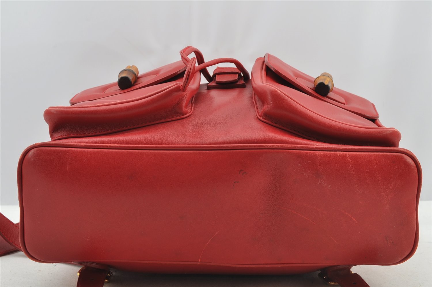 Authentic GUCCI Bamboo Vintage Drawstring Backpack Leather Red 8442I