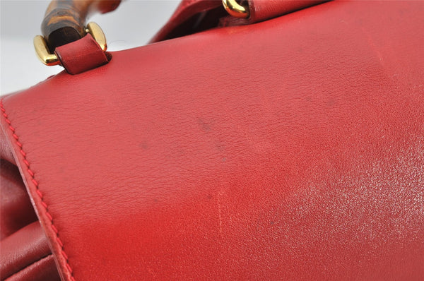 Authentic GUCCI Bamboo Vintage Drawstring Backpack Leather Red 8442I