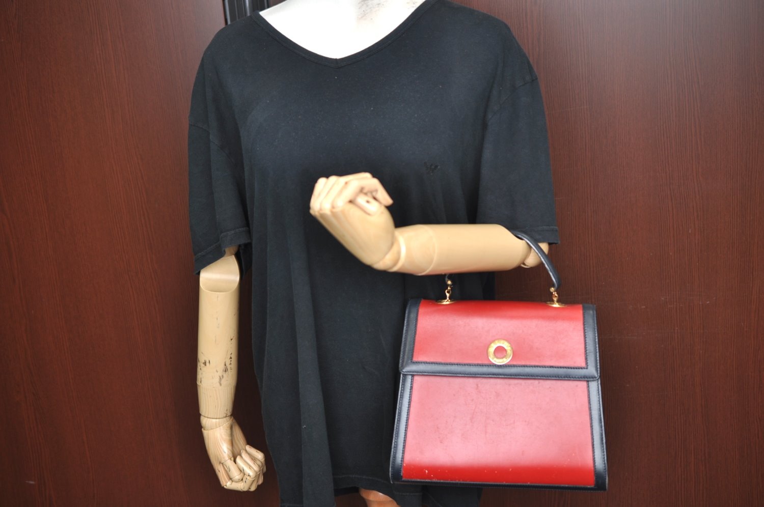 Authentic CELINE Vintage Hand Bag Purse Leather Red Navy 8445G