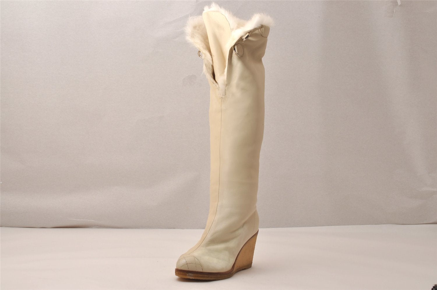 Authentic CHANEL Vintage Leather Furs Long Boots Size 33 1/2 White 8446J