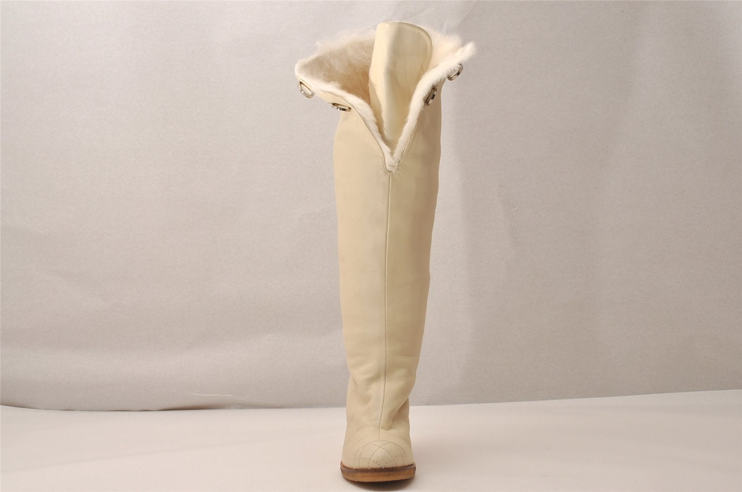 Authentic CHANEL Vintage Leather Furs Long Boots Size 33 1/2 White 8446J