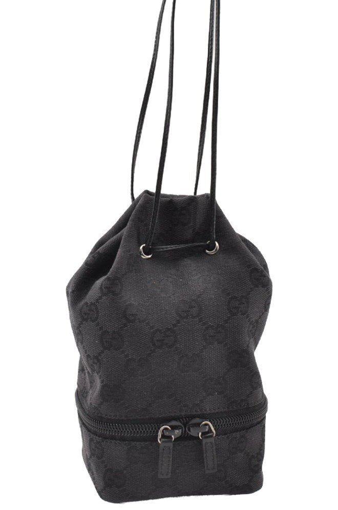 Authentic GUCCI Drawstring Pouch Purse GG Canvas Leather 0391054 Black 8448I