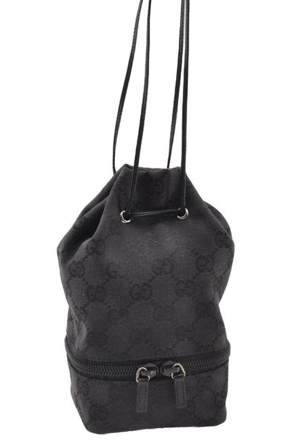 Authentic GUCCI Drawstring Pouch Purse GG Canvas Leather 0391054 Black 8448I