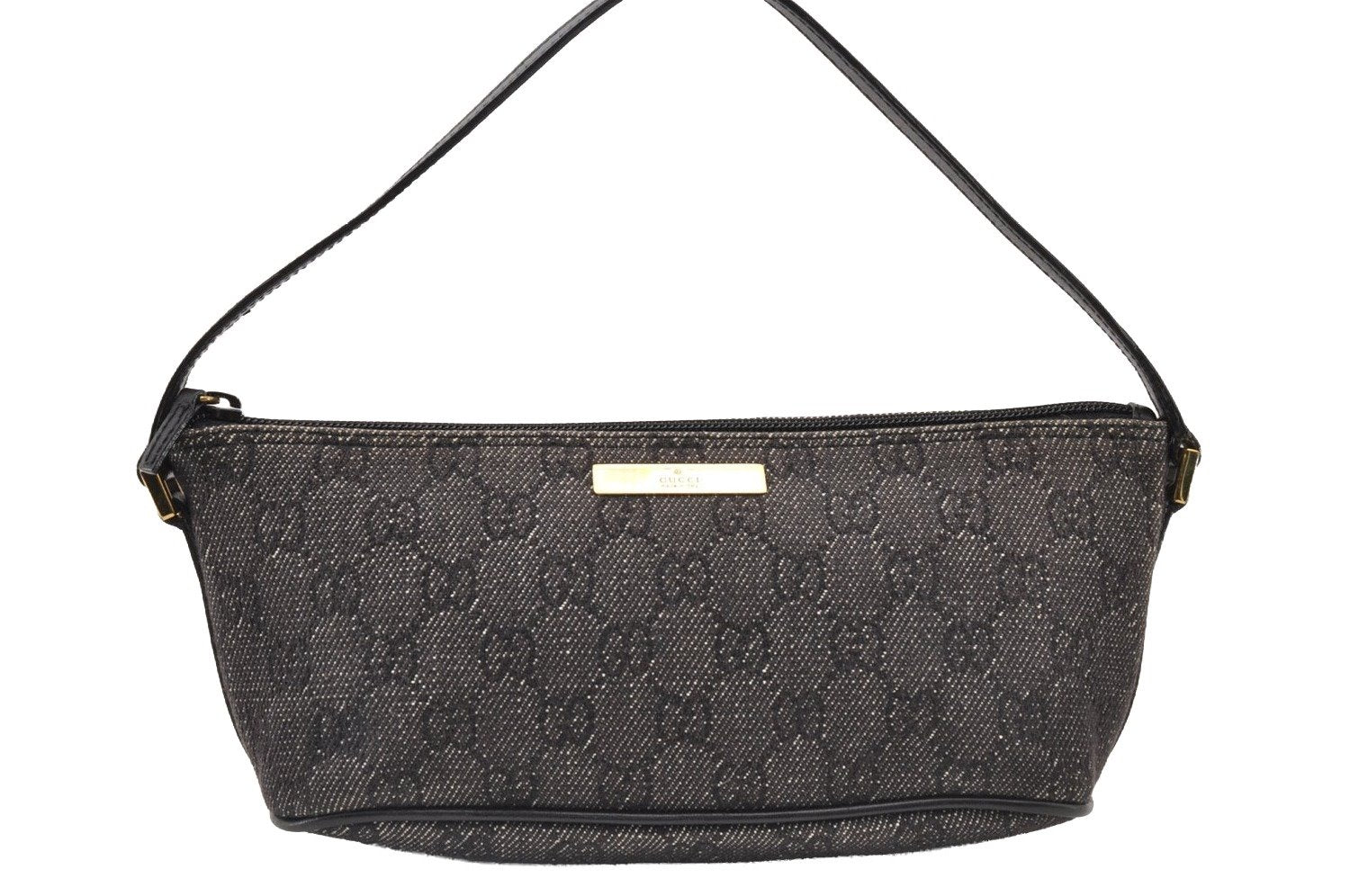 Authentic GUCCI Vintage Hand Bag Pouch Purse GG Canvas Leather 07198 Black 8449I