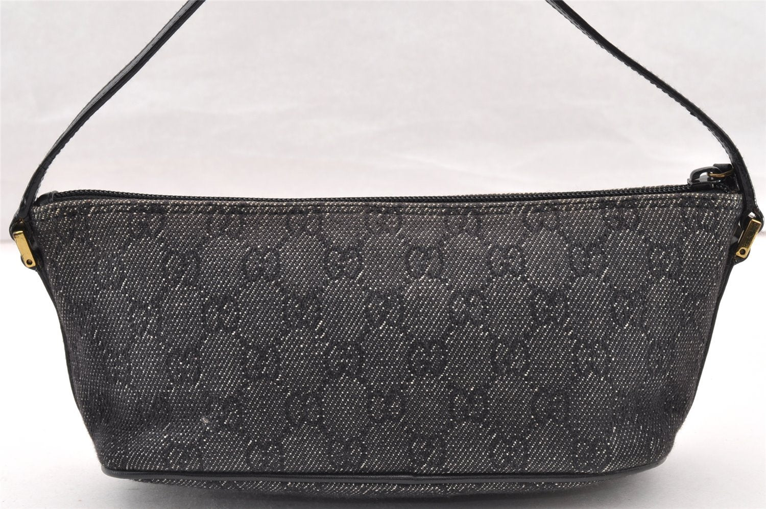 Authentic GUCCI Vintage Hand Bag Pouch Purse GG Canvas Leather 07198 Black 8449I