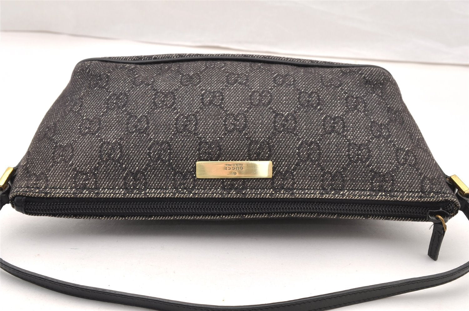 Authentic GUCCI Vintage Hand Bag Pouch Purse GG Canvas Leather 07198 Black 8449I