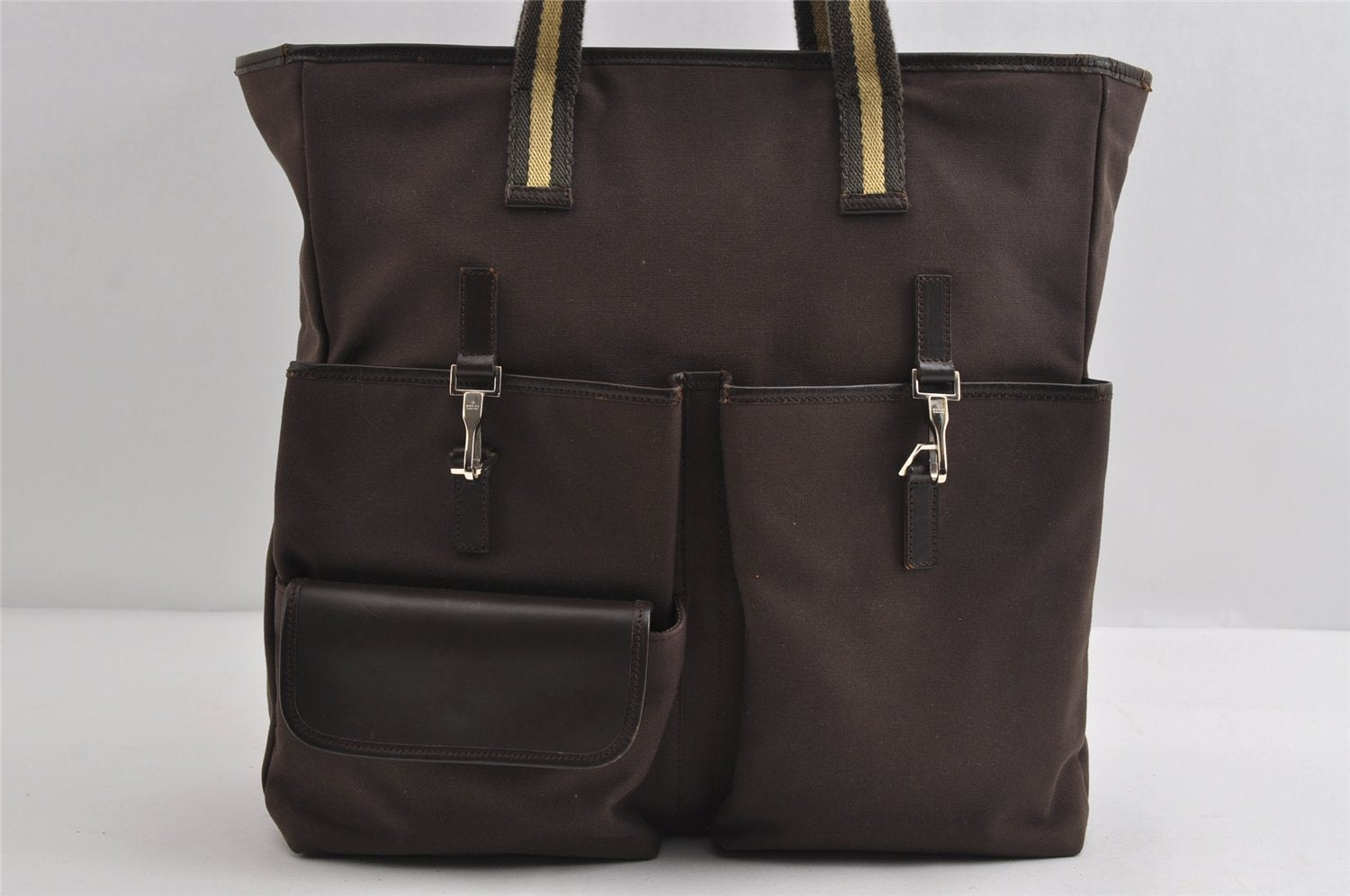 Authentic GUCCI Sherry Line Shoulder Tote Bag Canvas Leather 90472 Brown 8452I