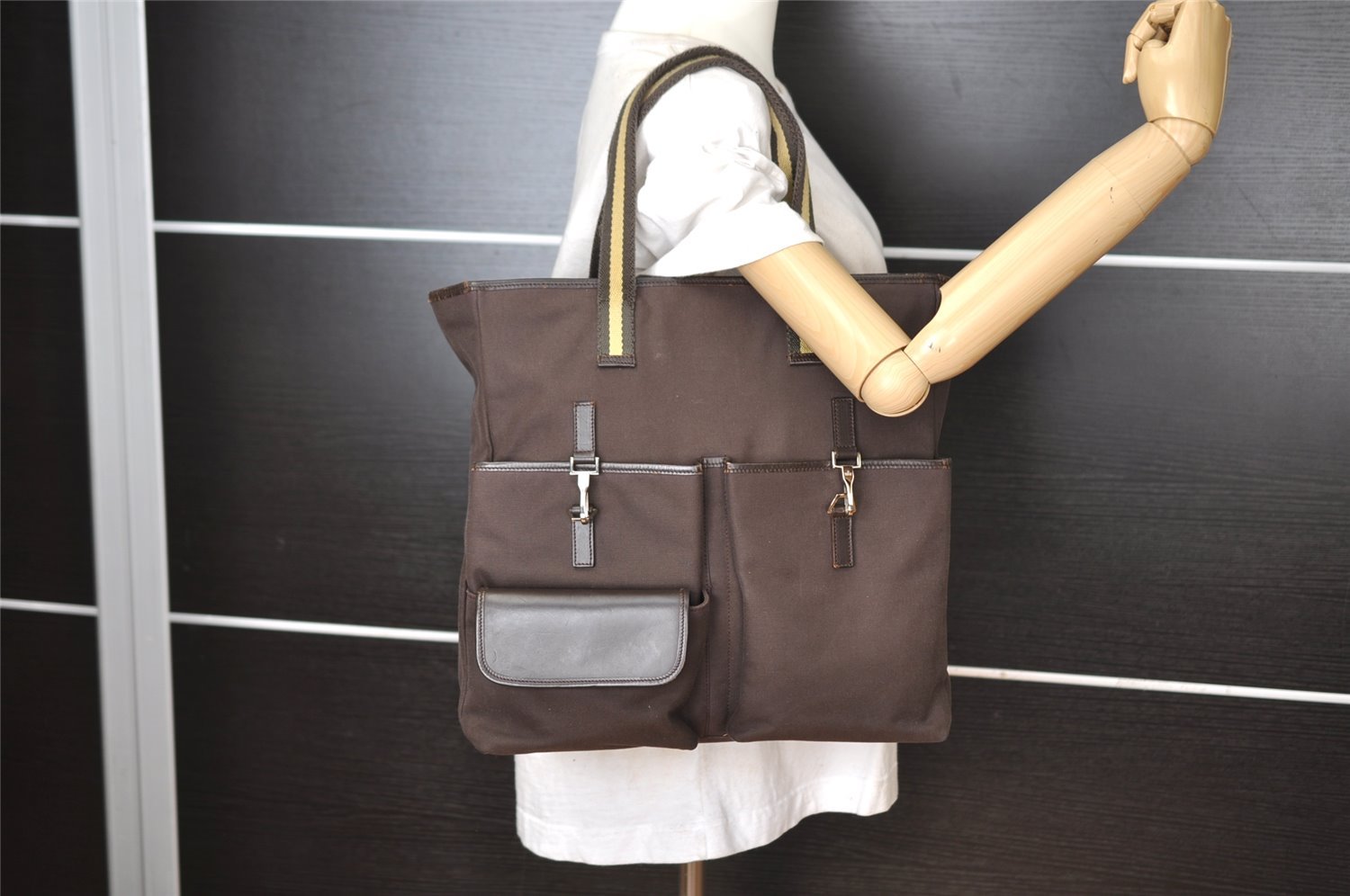 Authentic GUCCI Sherry Line Shoulder Tote Bag Canvas Leather 90472 Brown 8452I