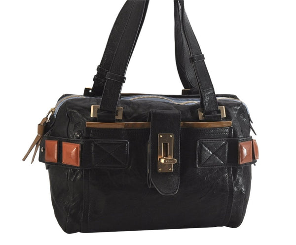 Authentic Chloe Vintage Audra Leather Hand Boston Bag Black 8456M
