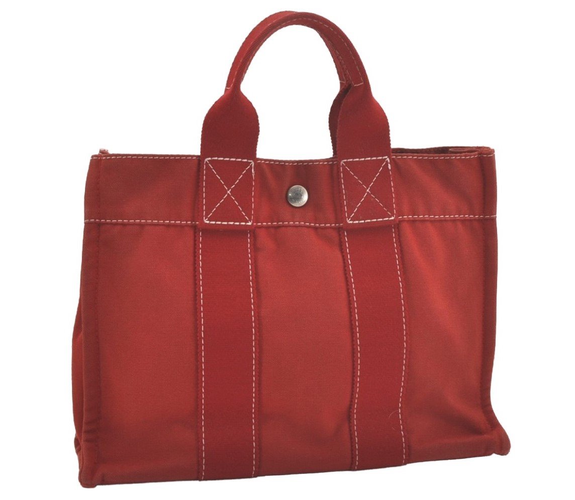 Authentic HERMES Deauville PM Vintage Hand Tote Bag Canvas Red 8459I