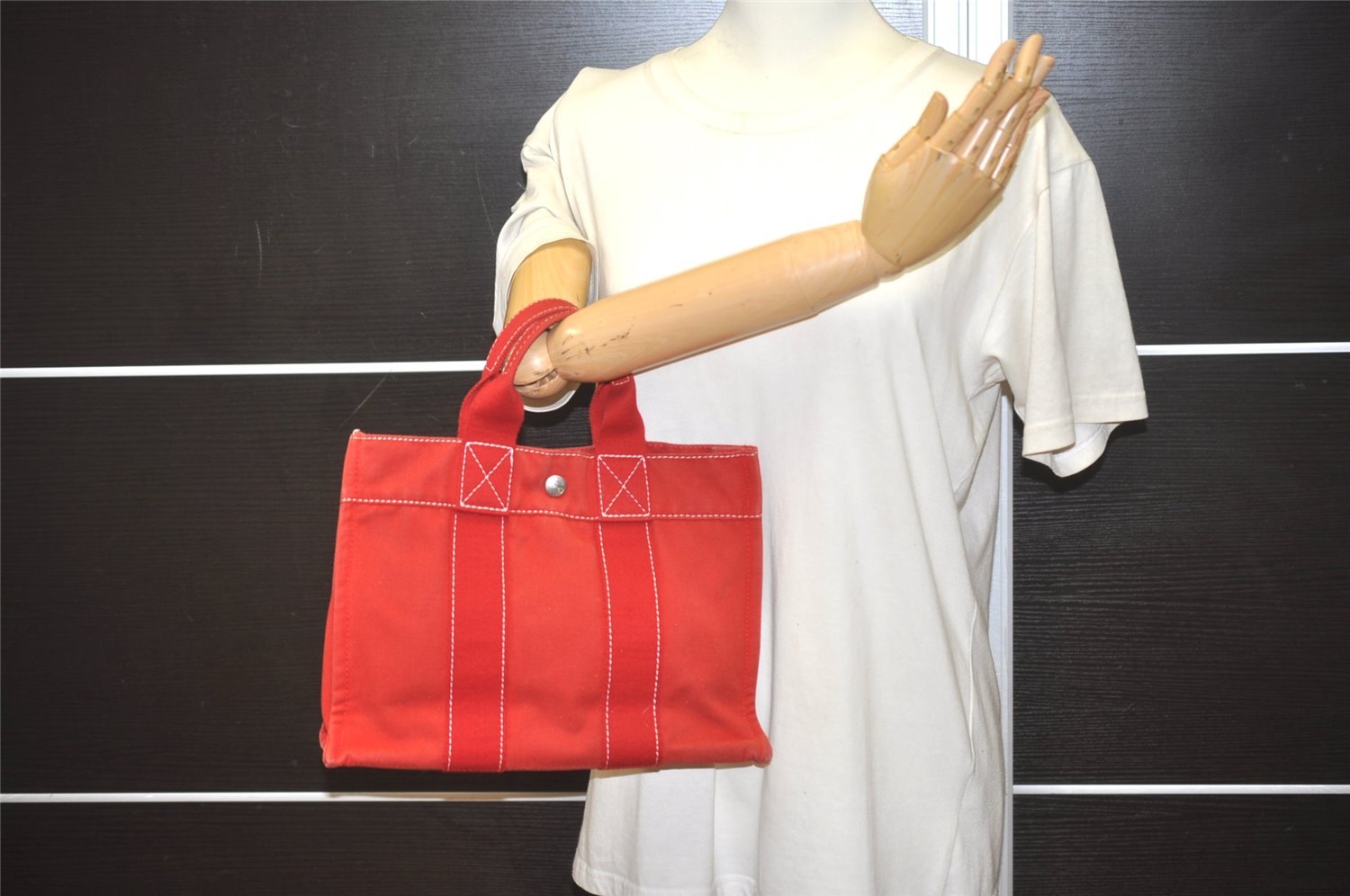 Authentic HERMES Deauville PM Vintage Hand Tote Bag Canvas Red 8459I