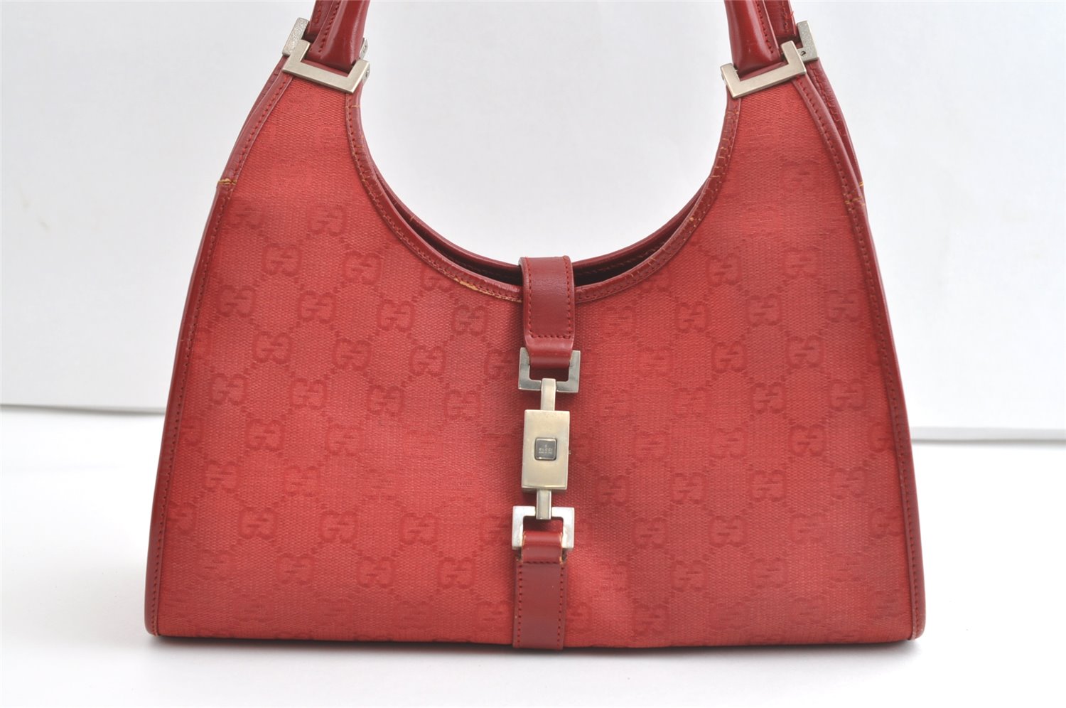 Authentic GUCCI Jackie Shoulder Hand Bag GG Canvas Leather 0021067 Red 8461J