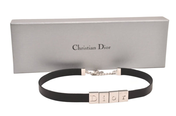 Authentic Christian Dior Choker Leather Silver Tone Black CD Box 8461M