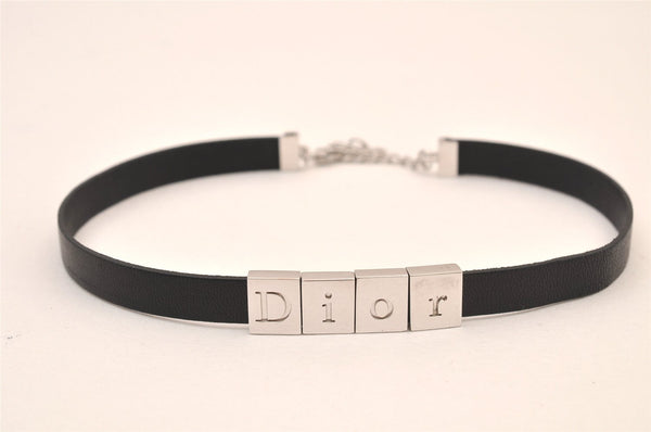 Authentic Christian Dior Choker Leather Silver Tone Black CD Box 8461M