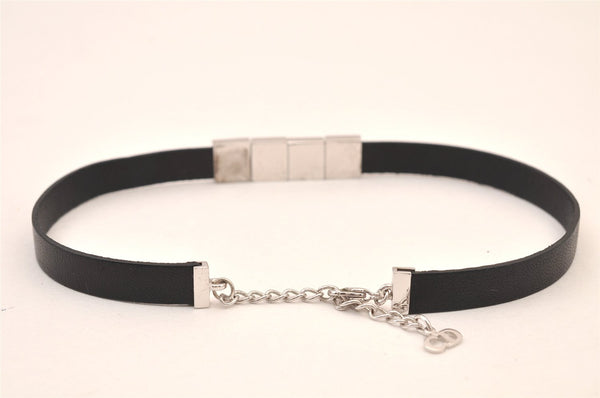 Authentic Christian Dior Choker Leather Silver Tone Black CD Box 8461M