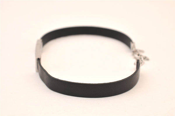 Authentic Christian Dior Choker Leather Silver Tone Black CD Box 8461M