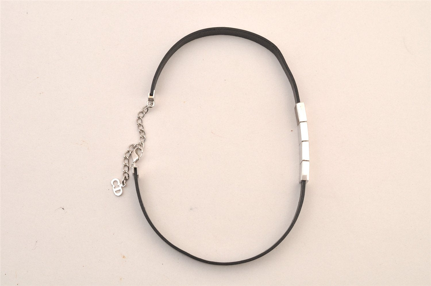 Authentic Christian Dior Choker Leather Silver Tone Black CD Box 8461M