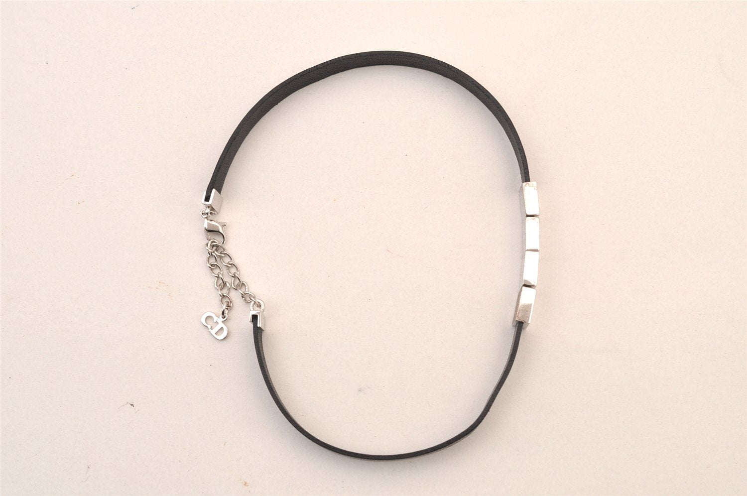 Authentic Christian Dior Choker Leather Silver Tone Black CD Box 8461M