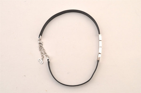 Authentic Christian Dior Choker Leather Silver Tone Black CD Box 8461M