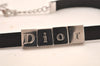 Authentic Christian Dior Choker Leather Silver Tone Black CD Box 8461M