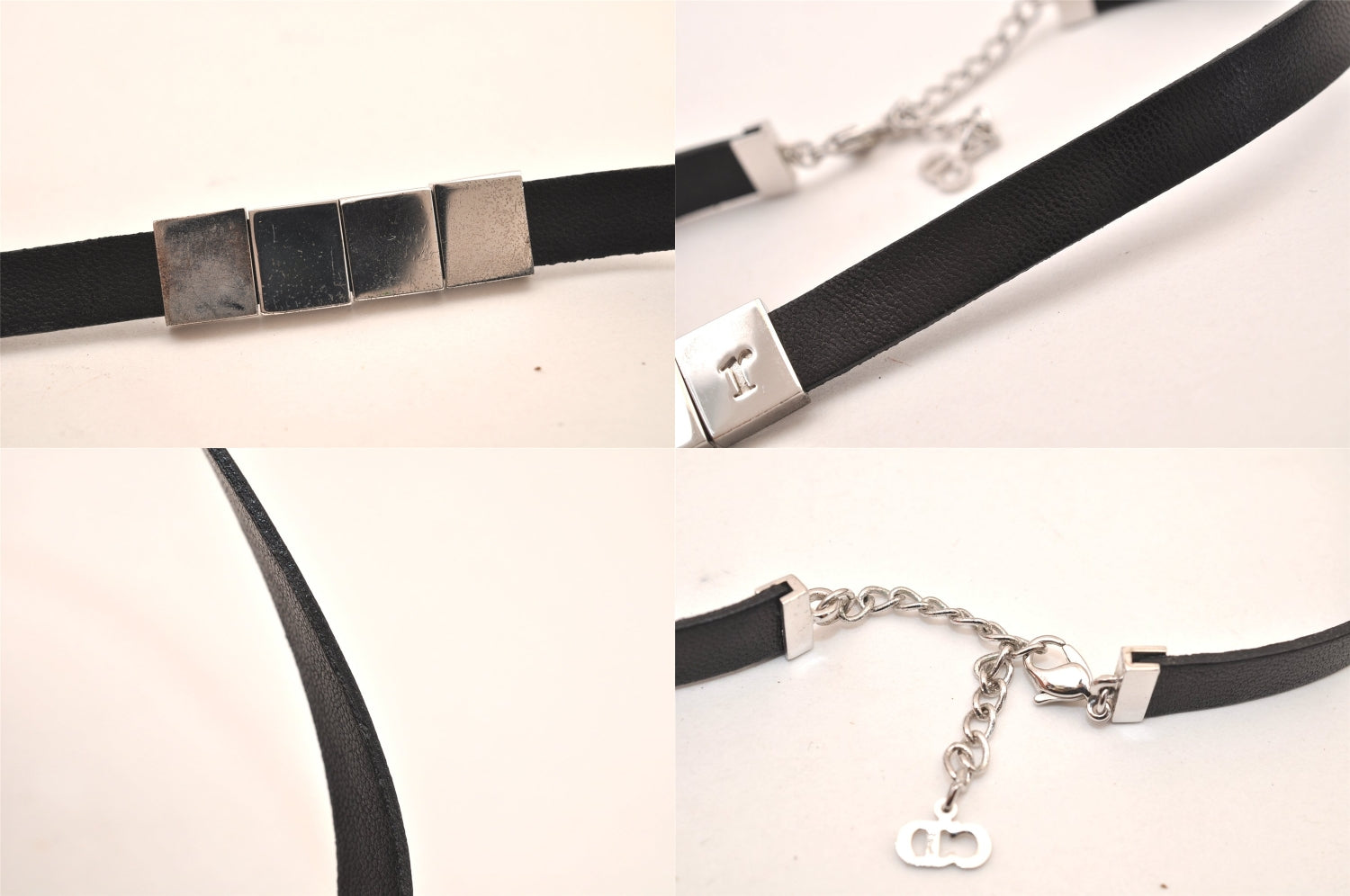 Authentic Christian Dior Choker Leather Silver Tone Black CD Box 8461M