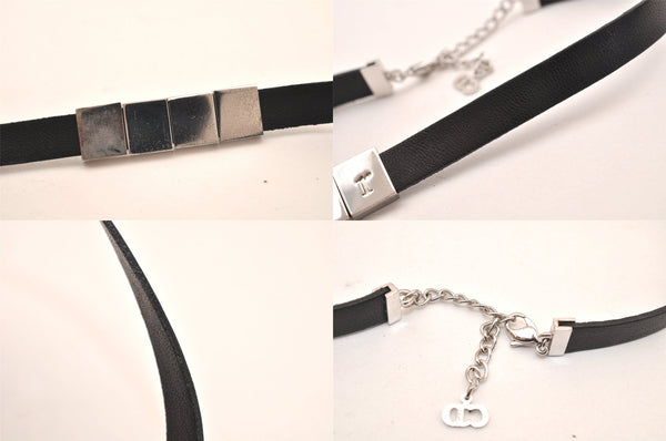 Authentic Christian Dior Choker Leather Silver Tone Black CD Box 8461M