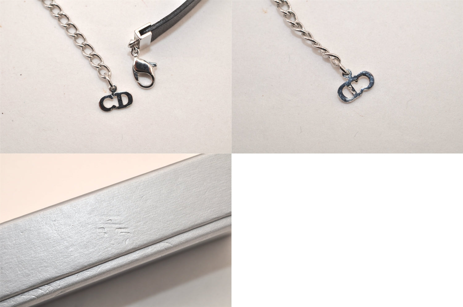 Authentic Christian Dior Choker Leather Silver Tone Black CD Box 8461M