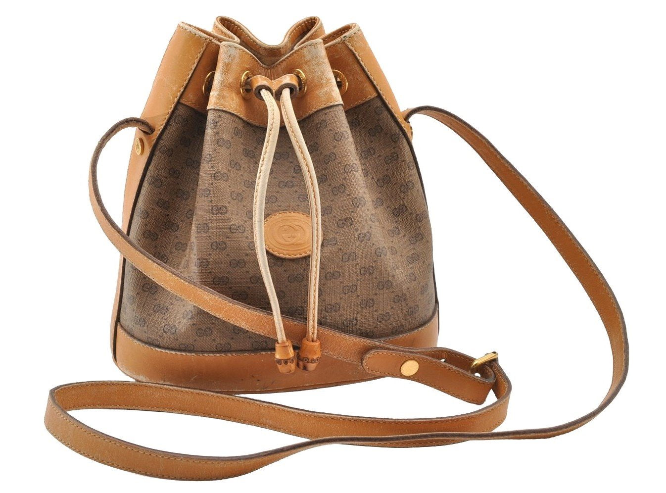 Authentic GUCCI Bamboo Micro GG PVC Leather Drawstring Bag Brown Junk 8462I