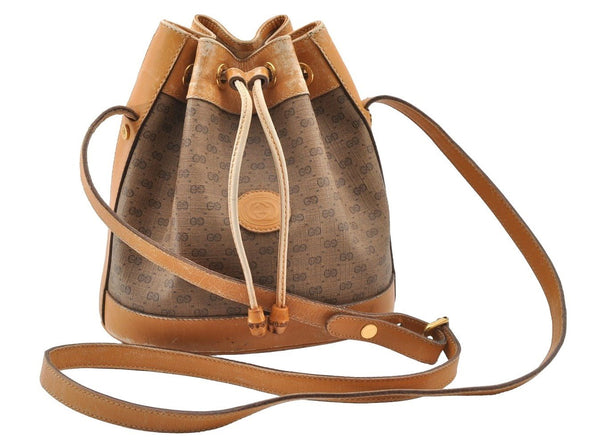Authentic GUCCI Bamboo Micro GG PVC Leather Drawstring Bag Brown Junk 8462I
