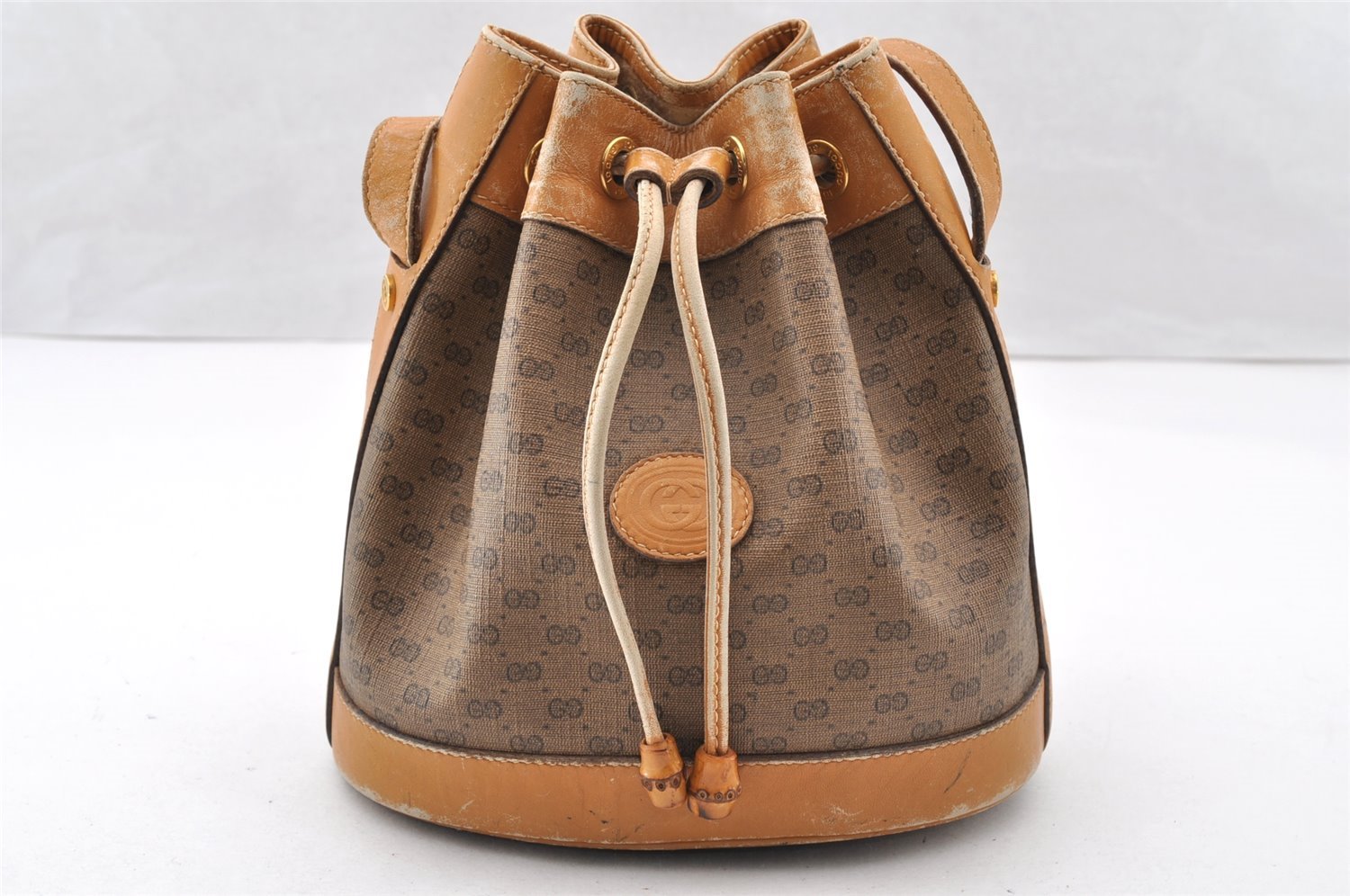 Authentic GUCCI Bamboo Micro GG PVC Leather Drawstring Bag Brown Junk 8462I
