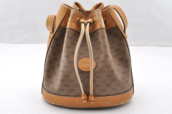 Authentic GUCCI Bamboo Micro GG PVC Leather Drawstring Bag Brown Junk 8462I