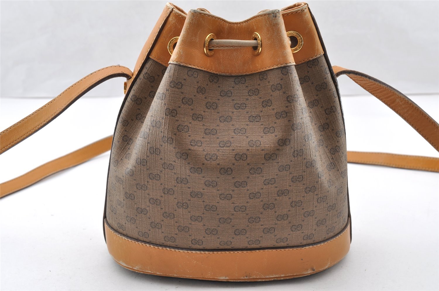 Authentic GUCCI Bamboo Micro GG PVC Leather Drawstring Bag Brown Junk 8462I