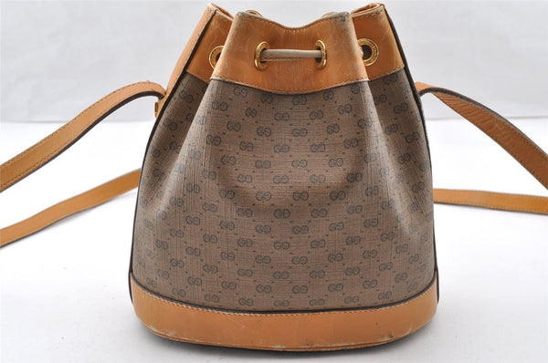 Authentic GUCCI Bamboo Micro GG PVC Leather Drawstring Bag Brown Junk 8462I