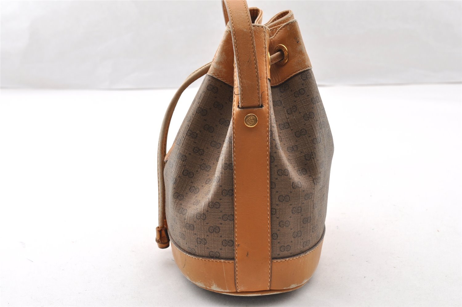 Authentic GUCCI Bamboo Micro GG PVC Leather Drawstring Bag Brown Junk 8462I