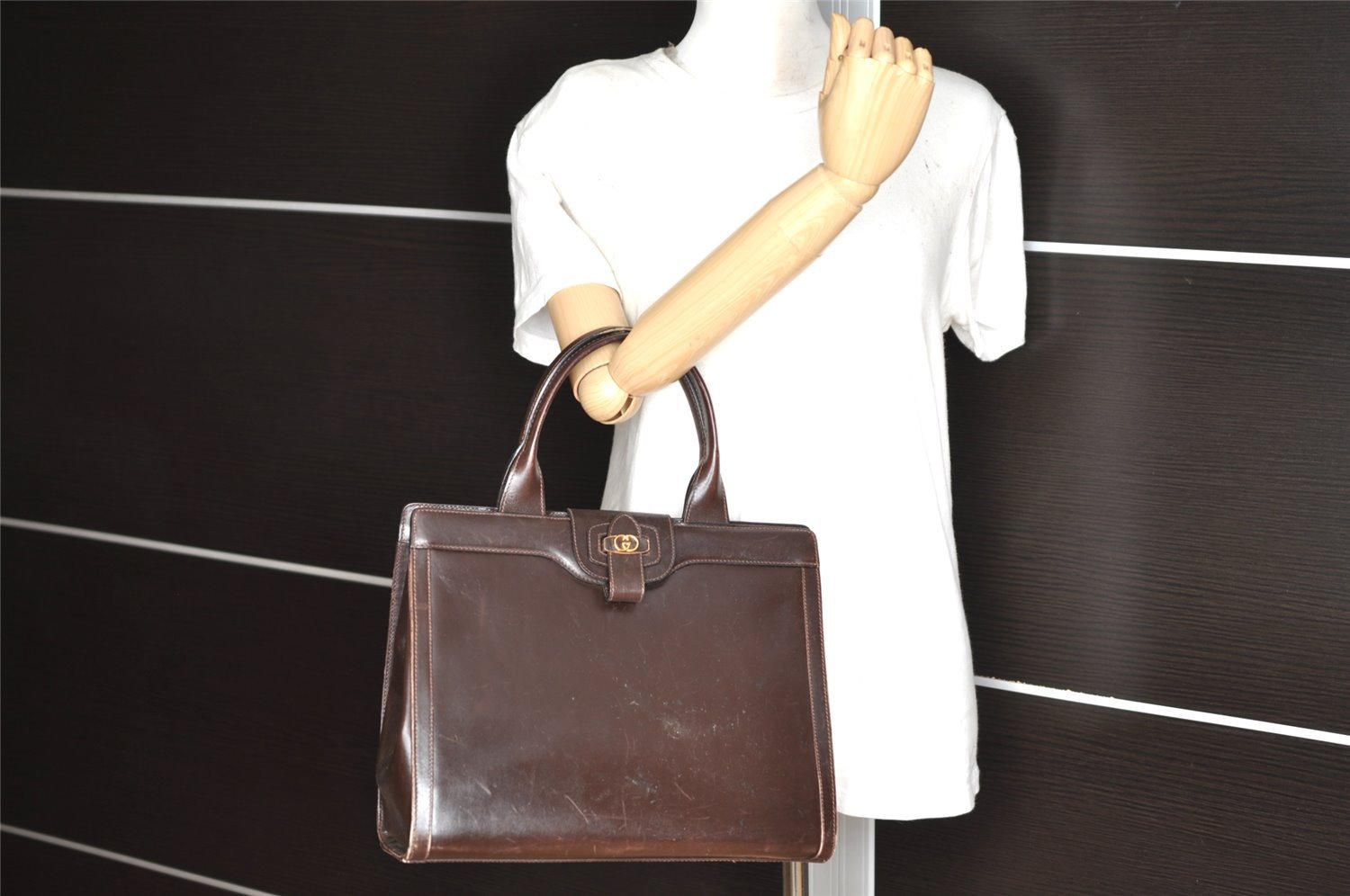 Authentic GUCCI Vintage Hand Tote Bag Leather Brown 8463I