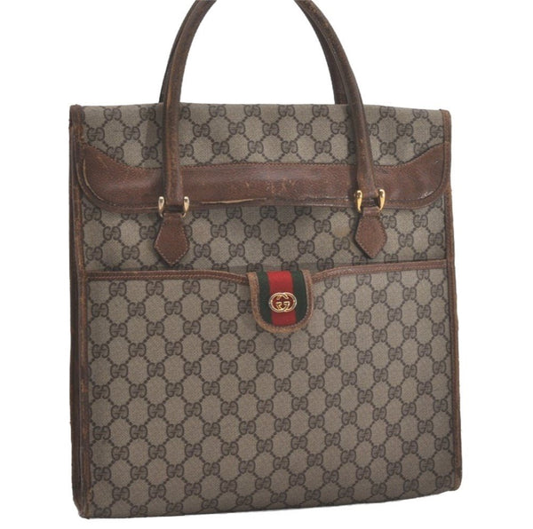 Authentic GUCCI Vintage Web Sherry Line Tote Hand Bag GG PVC Leather Brown 8465I