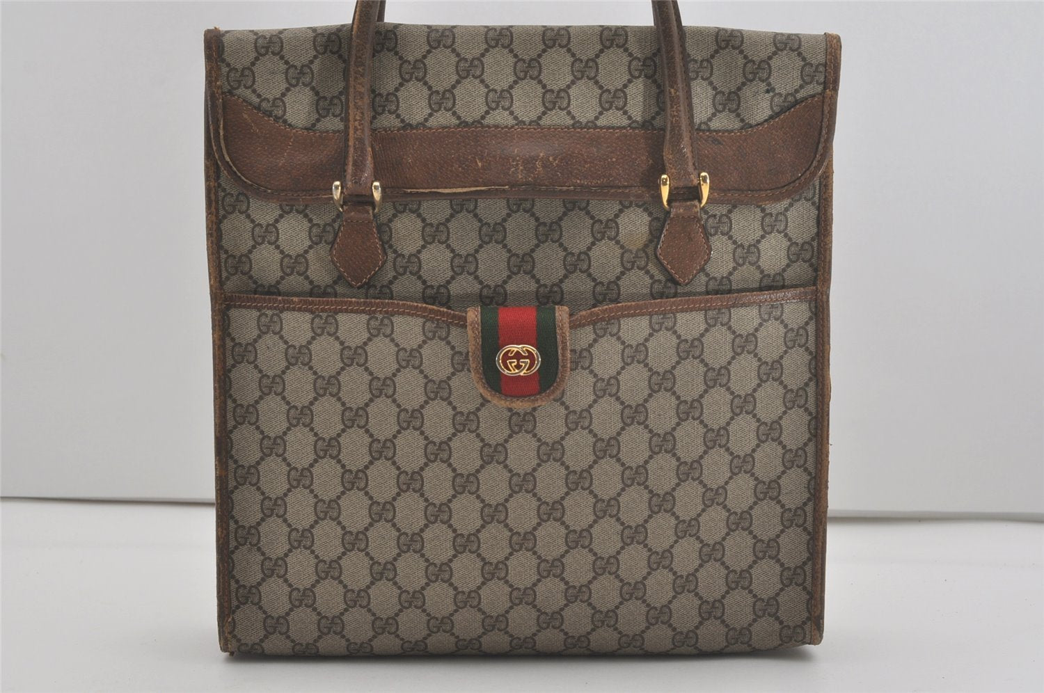 Authentic GUCCI Vintage Web Sherry Line Tote Hand Bag GG PVC Leather Brown 8465I