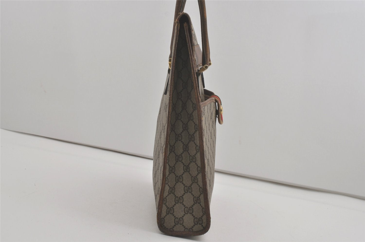 Authentic GUCCI Vintage Web Sherry Line Tote Hand Bag GG PVC Leather Brown 8465I