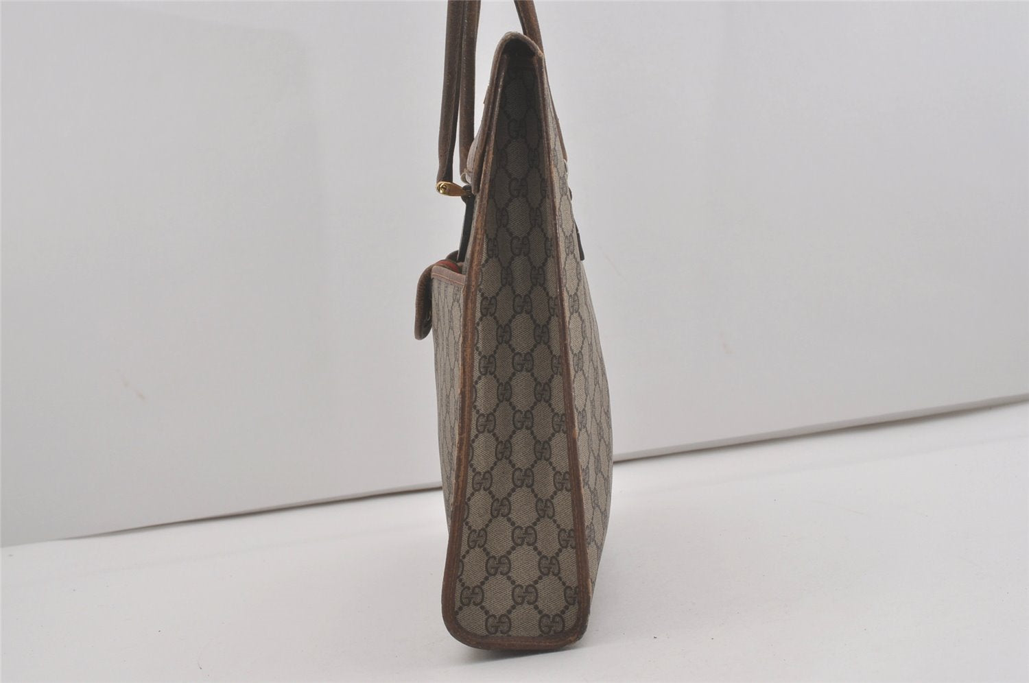 Authentic GUCCI Vintage Web Sherry Line Tote Hand Bag GG PVC Leather Brown 8465I