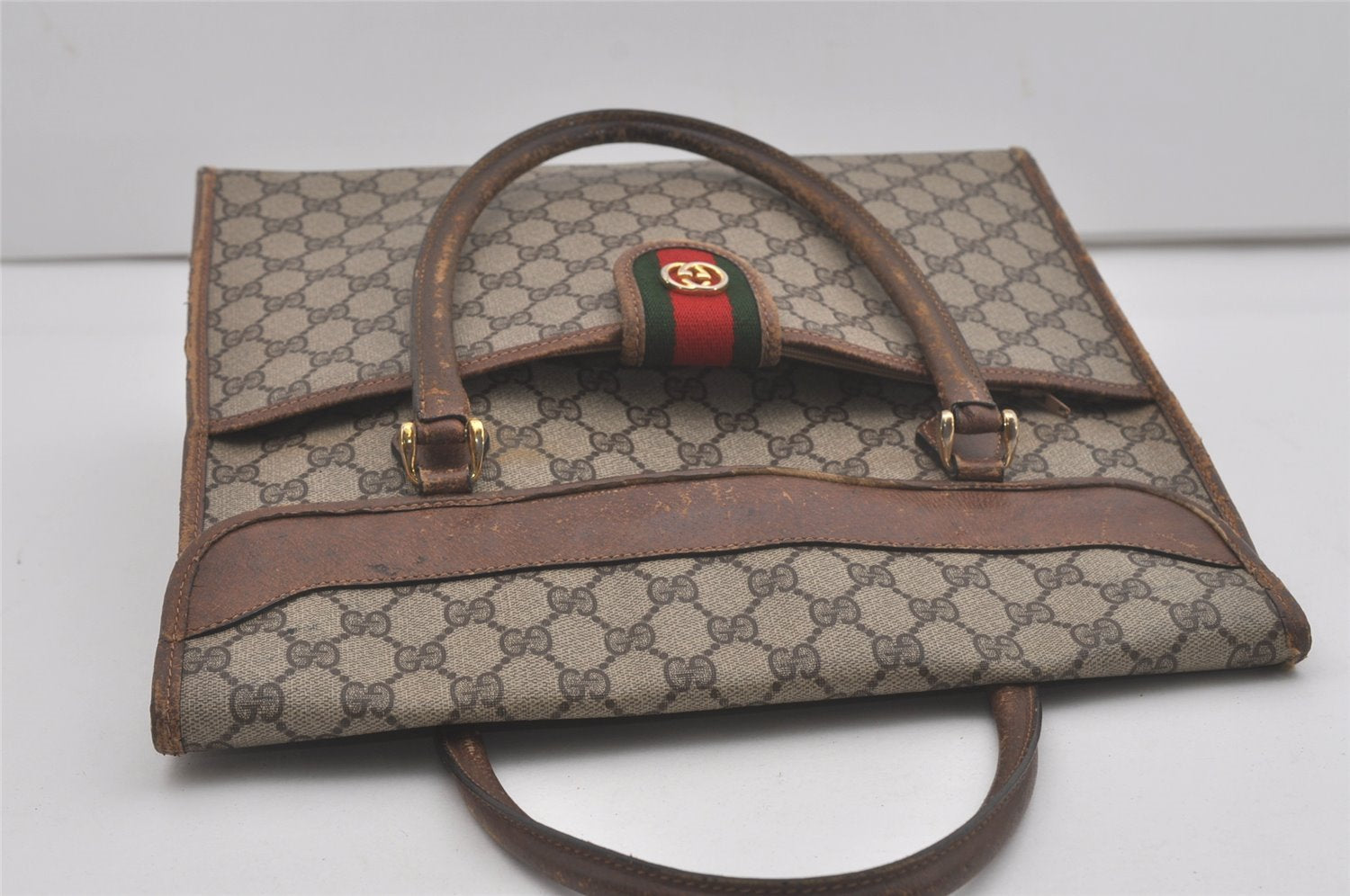 Authentic GUCCI Vintage Web Sherry Line Tote Hand Bag GG PVC Leather Brown 8465I